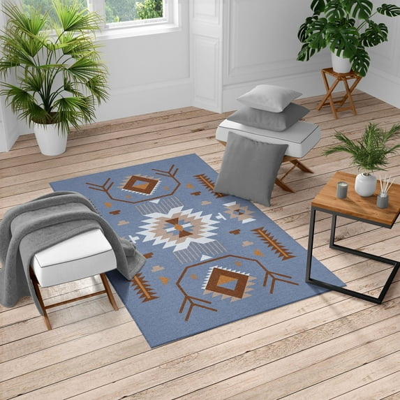 Southwestern Turkish Area Rug, Ethnic Illustration of a Zigzags Design Triangular Iconic Art Motifs, Soft Carpet for Living Room Decor with Distressed Look, 5.2' X 7.6', Ceil Blue, by Ambesonne