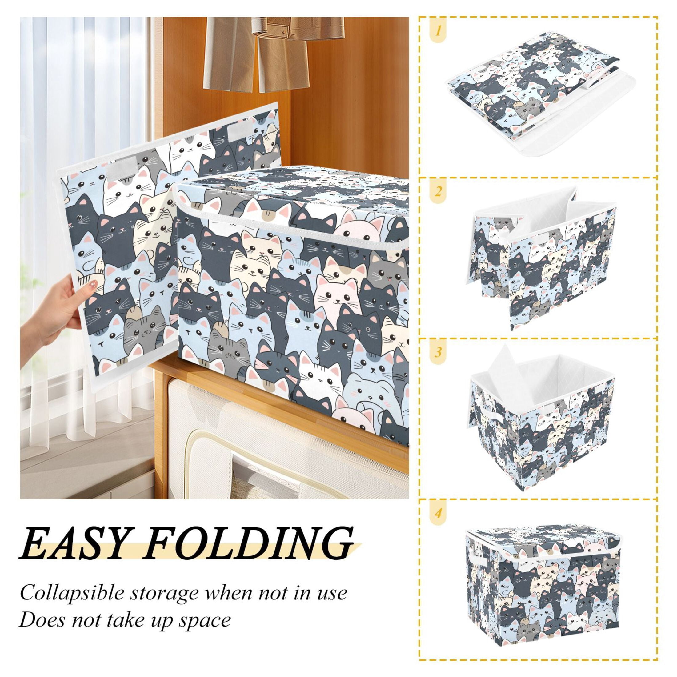 Ryvnso Cute Doodle Cats Large Lidded Foldable Storage Baskets Cubes Boxes Lids Bin for Home