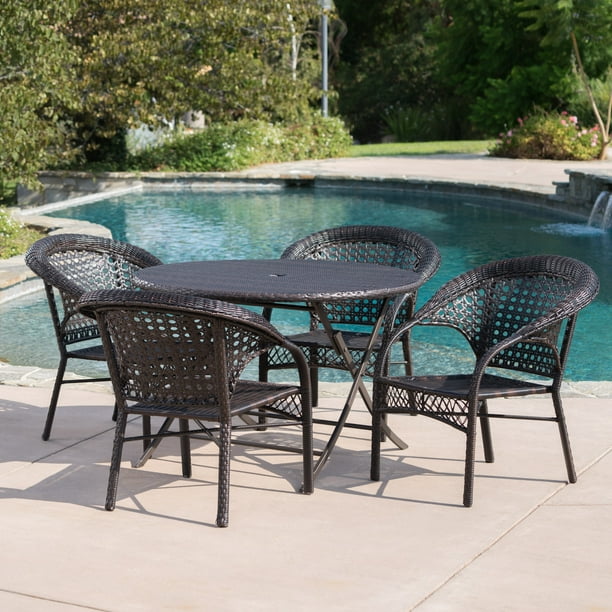 Outdoor 5 Piece Wicker Dining Set with Foldable Table and Stacking Chairs,Multibrown