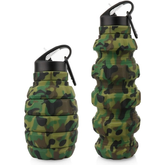 Collapsible Travel Water Bottle 18 oz, Reusable Silicone Collapsible Water Bottle for School, Office, Gym(Army green camouflage)