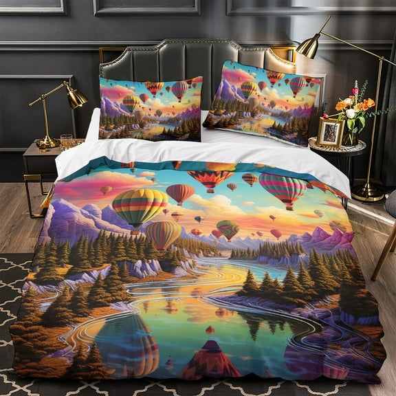 YJHDM 3D Hot Air Balloon Vacation Style Bedding Set King Queen Bed Duvet Cover Pillowcases 2/3pcs