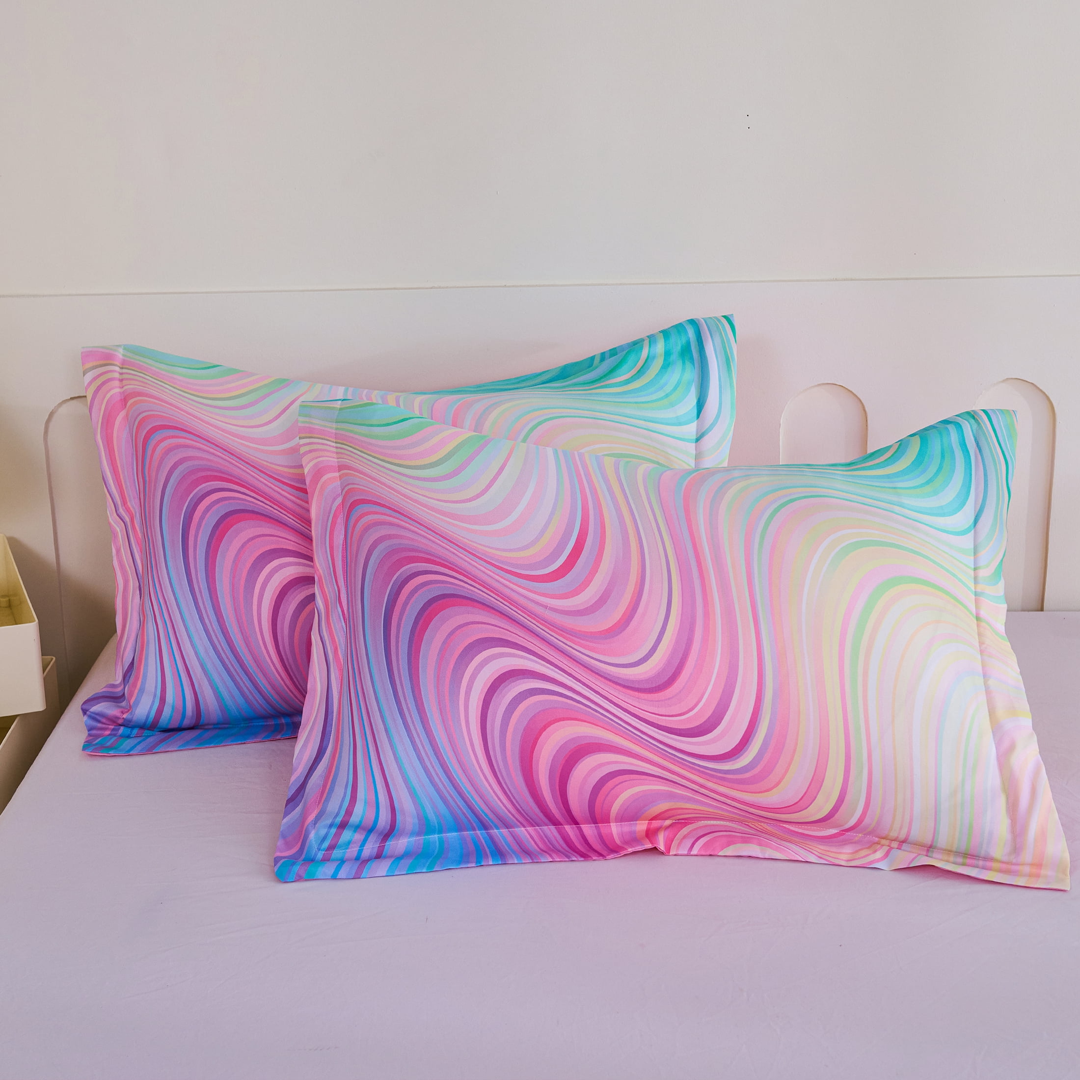 Koniroom 3-Piece Girls Pastel Swirl Rainbow Comforter Set Full Size, Blue Pink Purple, Kids Bedding Set