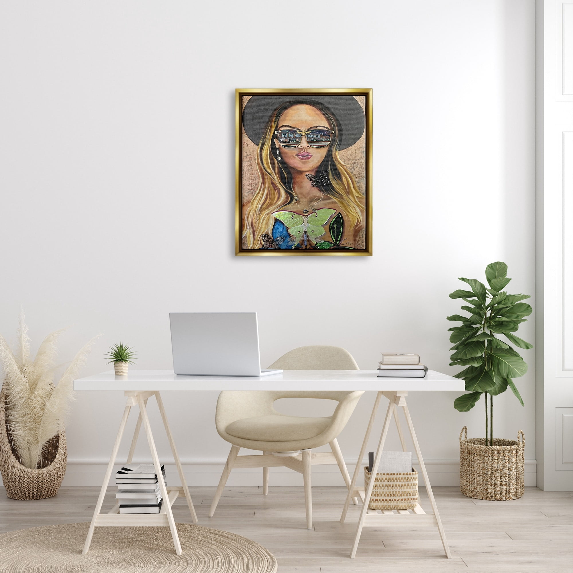 Stupell Industries Trendy Woman Luna Moth City Reflection Sunglasses Painting Metallic Gold Floating Framed Canvas Print Wall Art, Design by Stacy Gresell
