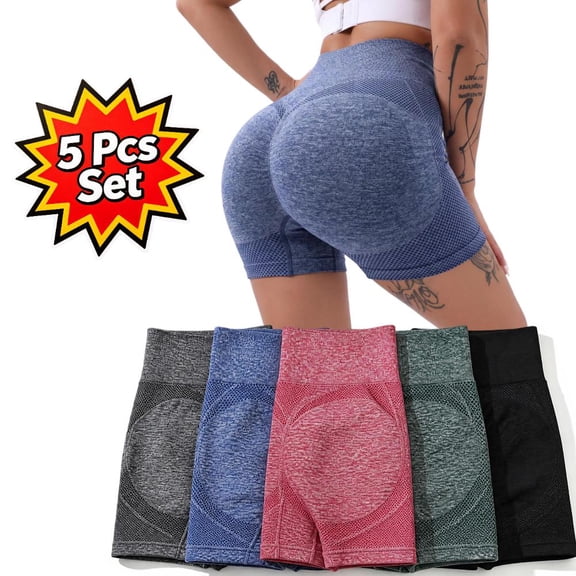 Mojoyce 5 Pcs Set Butt Lifting Shorts for Women High Waist Scrunch Yoga Biker Shorts Workout Seamless Booty Shorts(L)