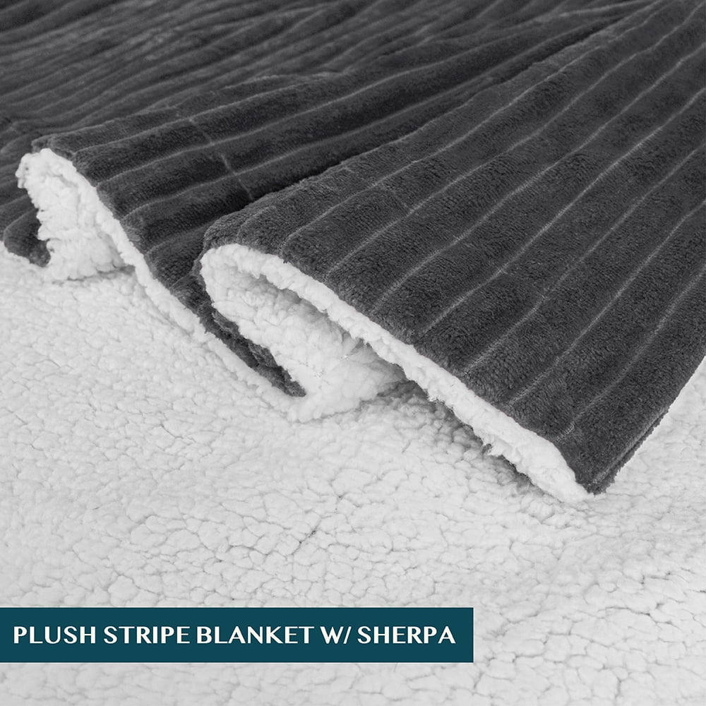 PAVILIA Reversible Sherpa Fleece Throw Blanket Dark Grey, Plush Flannel Throw, Ultra Soft Warm Ribbed Microfiber Blanket for Sofa Couch Bed, Luxury Thick Striped Blanket, Grey, 50x60