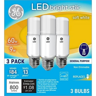 GE Bright Stik LED .. Light Bulbs, 9 Watt .. (60 Watt Equivalent) Soft .. White, Medium Base, Non-Dimmable .. (3 Pack)