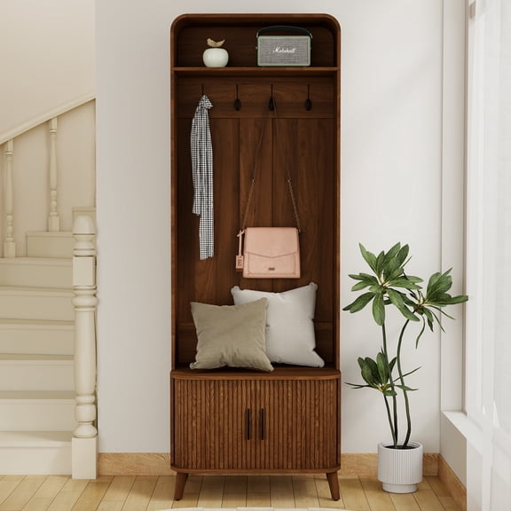 Diubas Hall Tree with Bench and Shoe Storage, 66.9" Entryway Narrow Hall Tree with 4 Hooks and 2 Fluted Doors for Hallway, Foyer, Walnut