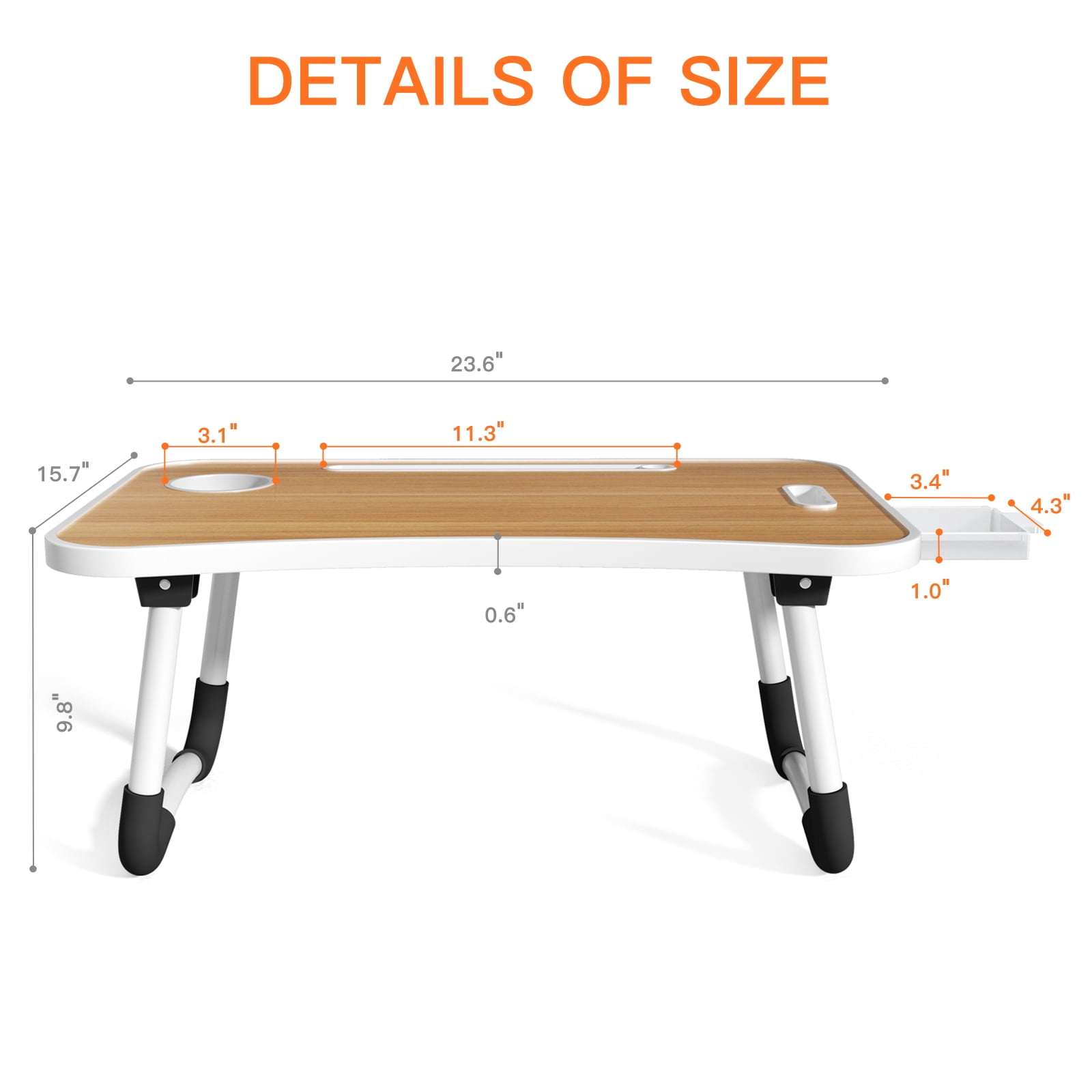 PHANCIR Lap Desk with Handle, 23.6" Foldable Wood Laptop Desk Nonslip, Durable Edge with Slots Cup Holder & Drawer, for Home Reading Writing Eating & On-the-Go Use, Walnut