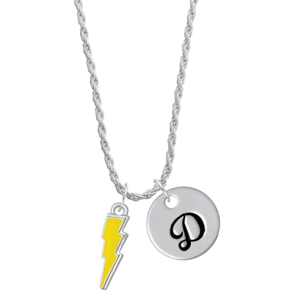 Delight Jewelry Silvertone Yellow Lightning Bolt Silvertone Script Initial Disc - D - Charm Necklace, 20"+3"