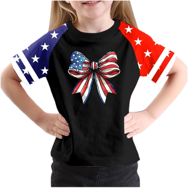 T-Shirt à Manches Courtes pour la Fête de l'Indépendance pour Garçons et Filles Tout-Petits, Mélange Doux de Polyester-Spandex, Col Rond, Imprimé Coloré, Port Toutes Saisons, Lavable à la Main