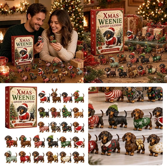 Xmas Weenie Dachshund Advent Calendar, 24 Day 2D Acrylic Ornament Blind Box, Holiday Countdown Surprise for Dog Lovers, 10.24x7.09x1.18in