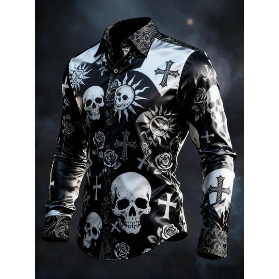Men's dark style long-sleeve shirt with skull print, fashionable and trendy, made of comfortable and soft fabric, suitable for daily casual wear, parties, and vacation outings.