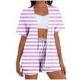 thumbnail image 3 of Frostluinai Women's Plus Size 2 Piece Outfits Striped Print Open Front Short Sleeve Kimono and Shorts Set with Pocket Travel Vacation Purple M, 3 of 7