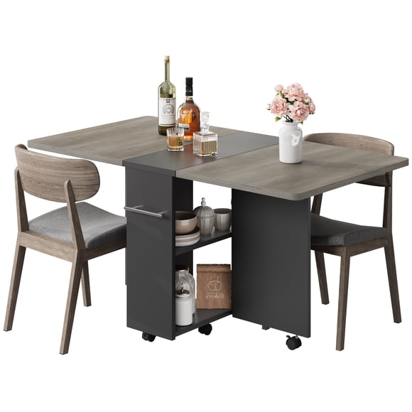 Folding Table with Storage Shelves, Extendable Drop Leaf Dining Table for 4, 2-Tier Space Saving Design, Collapsible for Kitchen, Apartment, or Breakfast Nook, Gray