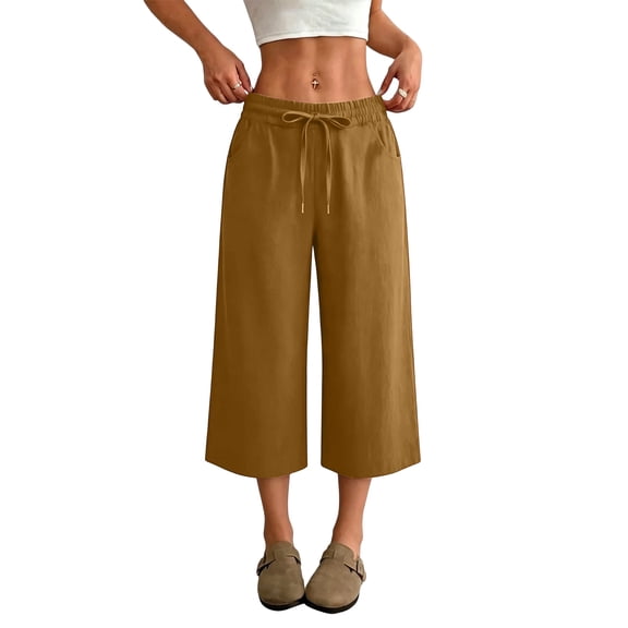 Yifymode Wide Leg Cropped Pants for Women Baggy Summer Linen Capris Oversized Palazzo Capri Pants Beach Boho Lounge Flowy Pant,Coffee L