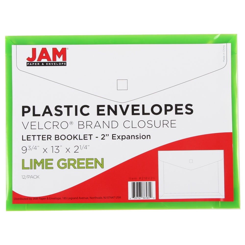 JAM Paper Plastic Hook and Loop Envelopes, 9.8" x 13" x 2", 12 Per Pack, Lime Green