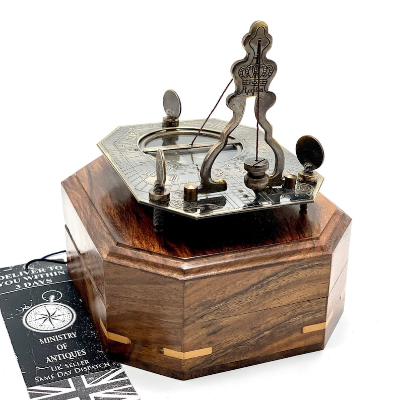 Antique Nautical Sundial Pendulum Compass Engrave Gilbert & Sons London Sundial Compass 4.5" Brass Navigation Compass with Wooden Box