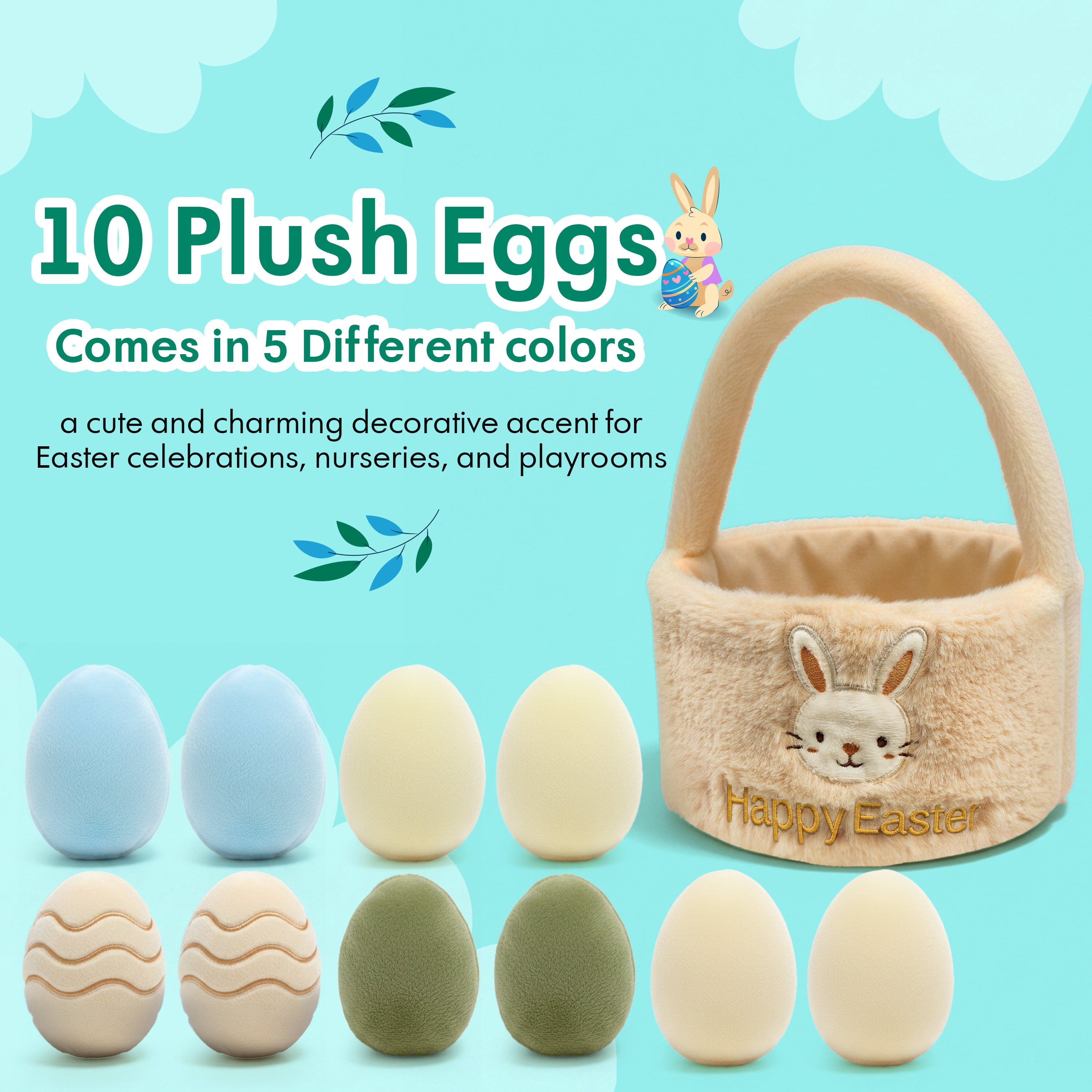 Easter Egg Basket Plush Toy with 3D Printed Bunny Surprise Eggs, Flexible Prefilled Easter Egs with Bunny, Soft Easter Egg Plush Toys, Easter Gift Set