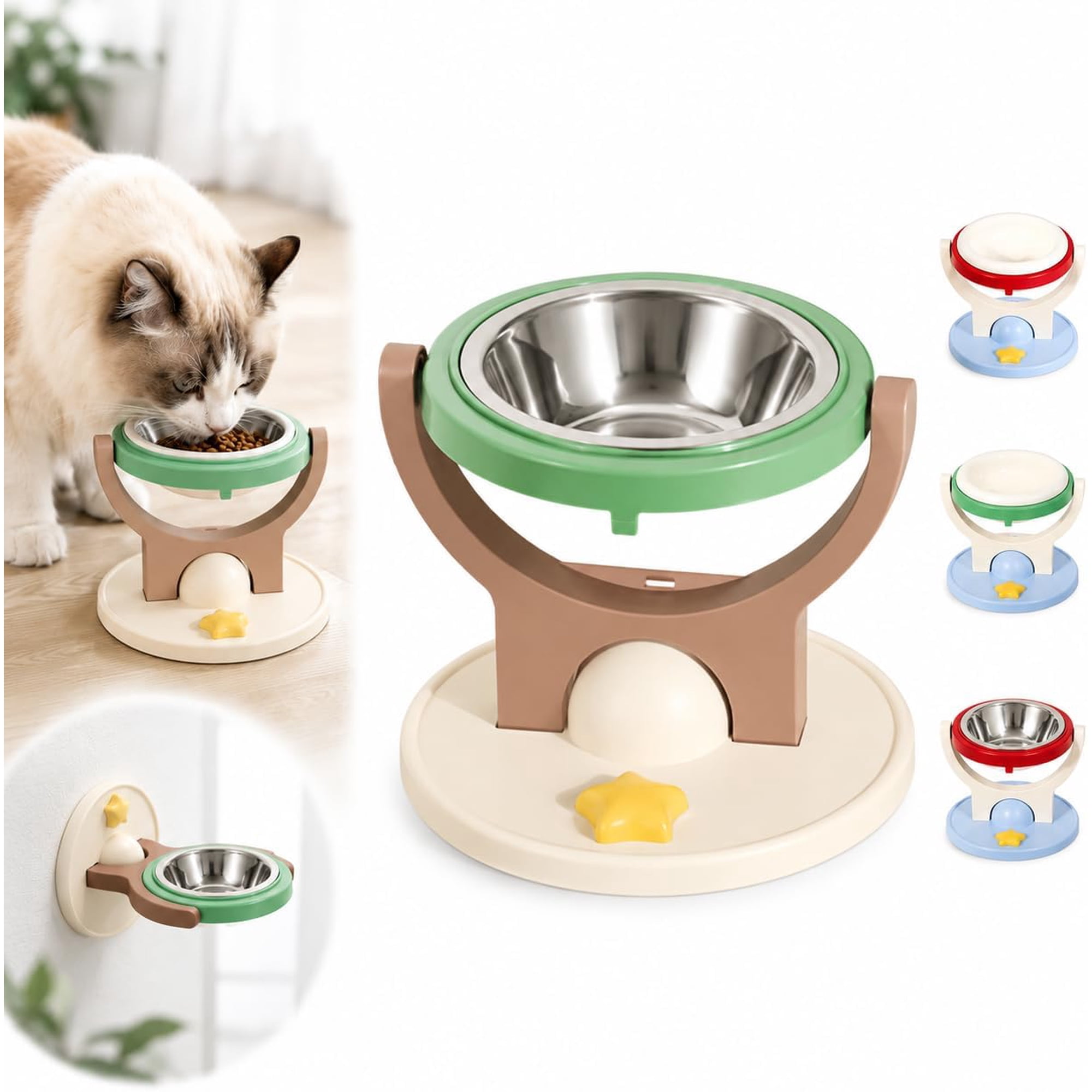 2-in-1 Wall Mounted Elevated Cat Bowl, Adjustable Anti-Tip Floating Planet Raised Pet Feeder, Foldable Height Dish for Cats & Small Dogs, Removable Dishwasher (Green,Stainless Steel)
