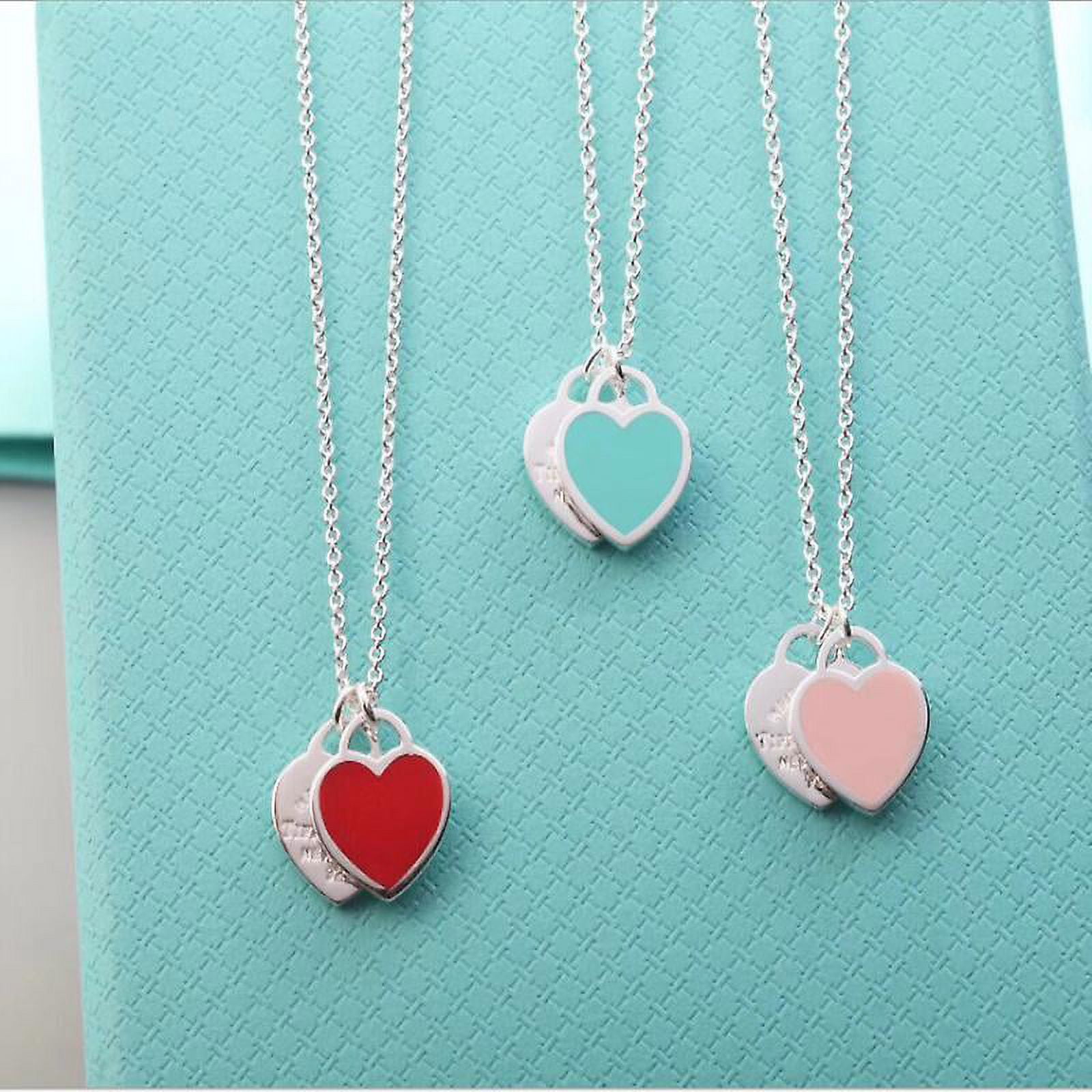 Jinsinto 2pcs Classic Tiffany Necklace Double Heart Blue Pink