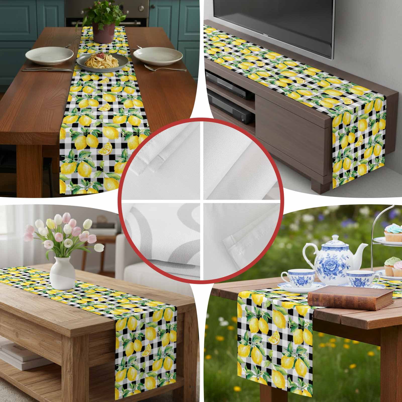 Summer Lemon Fruit Farm Harvest Table Runner 90 Inches Long, Black White Buffalo Plaid Table Runners Tabletop Scarf Kitchen Dining Tables Decoration for Home Party Indoor Outdoor