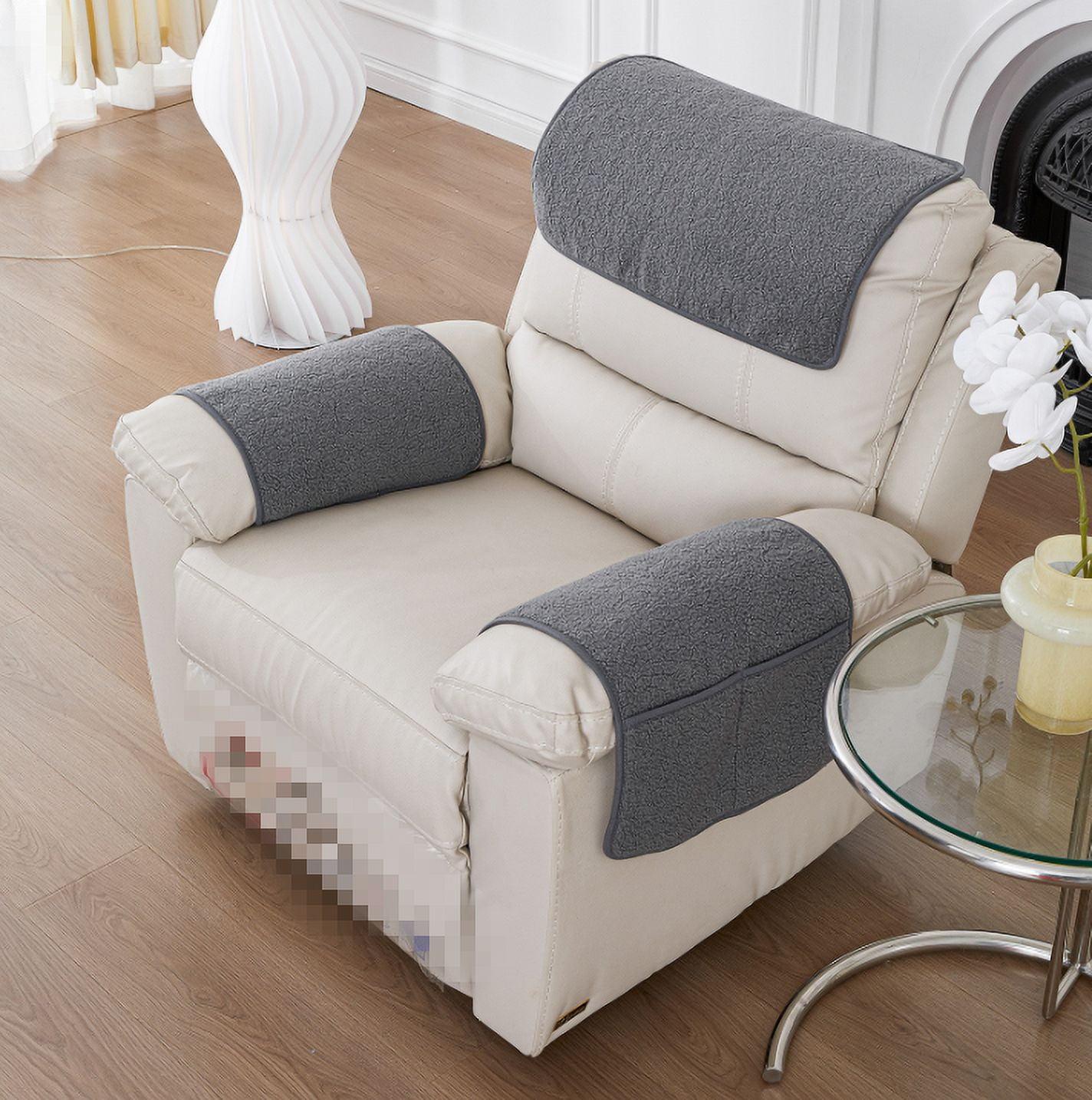 Yogsey 3 Pcs Recliner Covers Armrest Covers with Storage Pockets Headrest Cover Armchair Slipcovers Sofa Recliner Protector Light Grey
