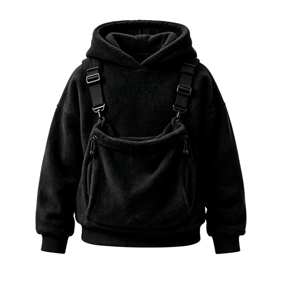 RUTAYY Girls Hoodie Long Sleeve Solid Color Detachable Strap Pocket Fuzzy Pullover Hooded Sweatshirt Black