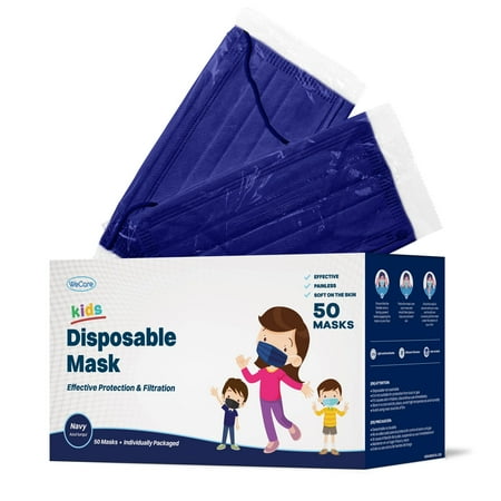 WeCare Disposable Face Mask, 3-Ply with Ear Loop (50 Individually Wrapped) - For KIDS - Navy Blue