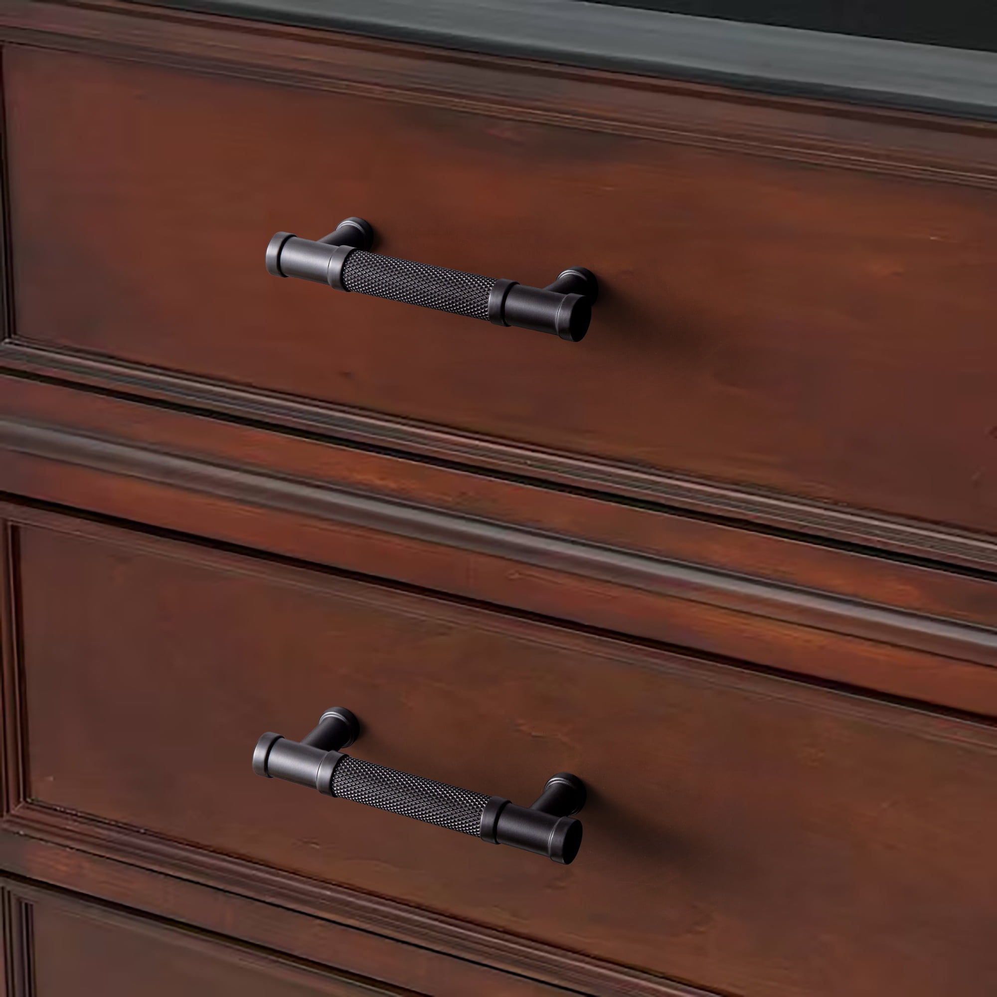 Goo-Ki 5"(128mm) Hole Center Knurled Matte Black Kitchen Cabinet Handles, Closet Classic Zinc Alloy Cabinet Pulls Dresser Handles for Bedroom, 6 Pack