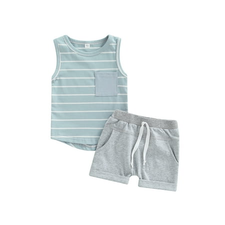 

aturustex Summer Baby Boy Outfit Striped Pocket T-Shirt Tank Tops and Drawstring Shorts 2Pcs Casual Clothing Set (0-24 Months)