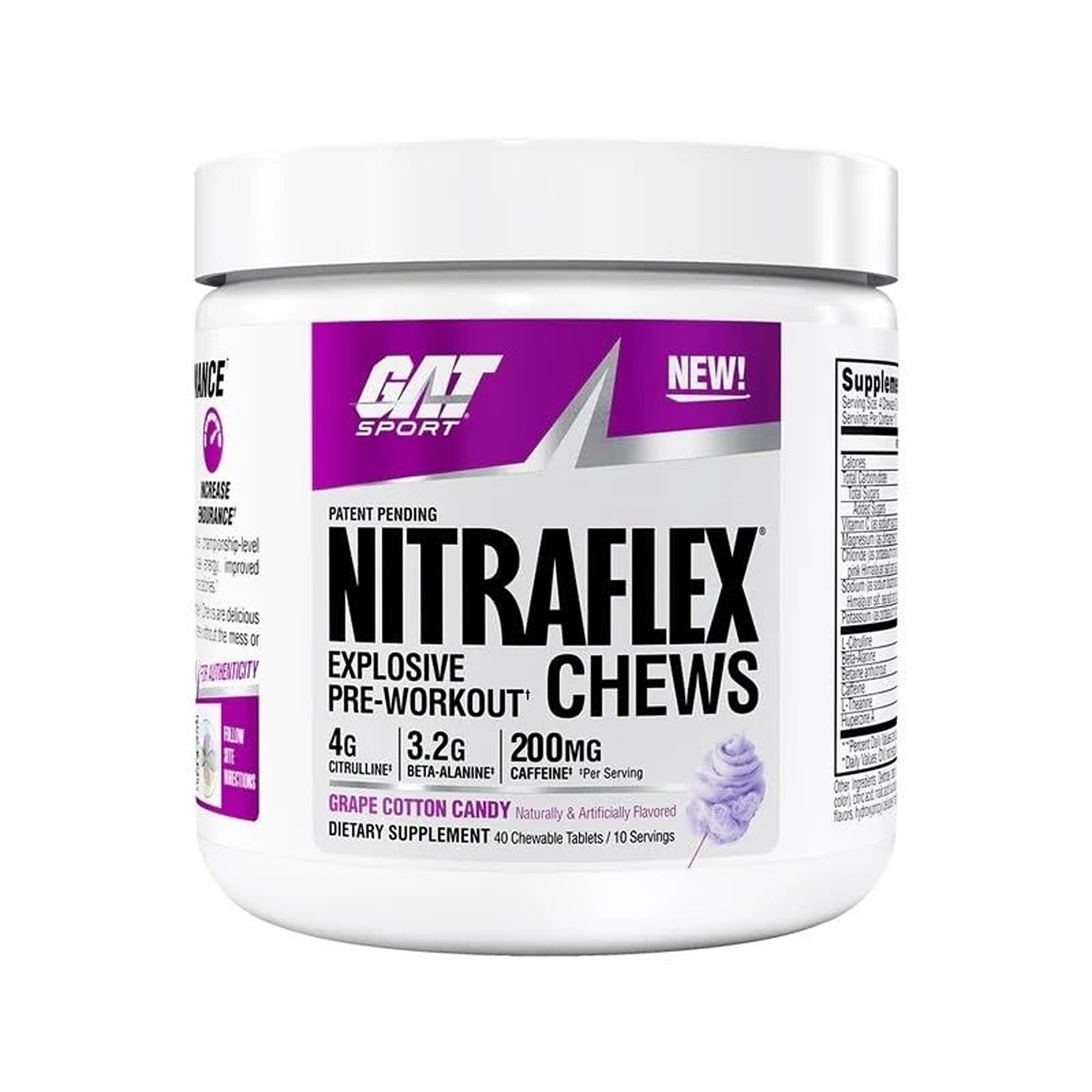 GAT SPORT NITRAFLEX PREWORKOUT CHEWS, Grape Cotton Candy, 40 Tablets