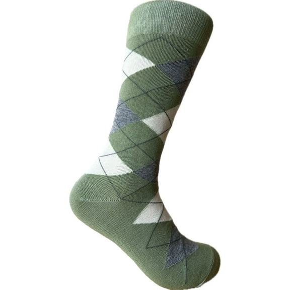 Triple M Plus Dusty Sage with Gray and White Color Argyle Mid-calf Dress Casual Socks For Men, One size fit most(Men's size 9-13)