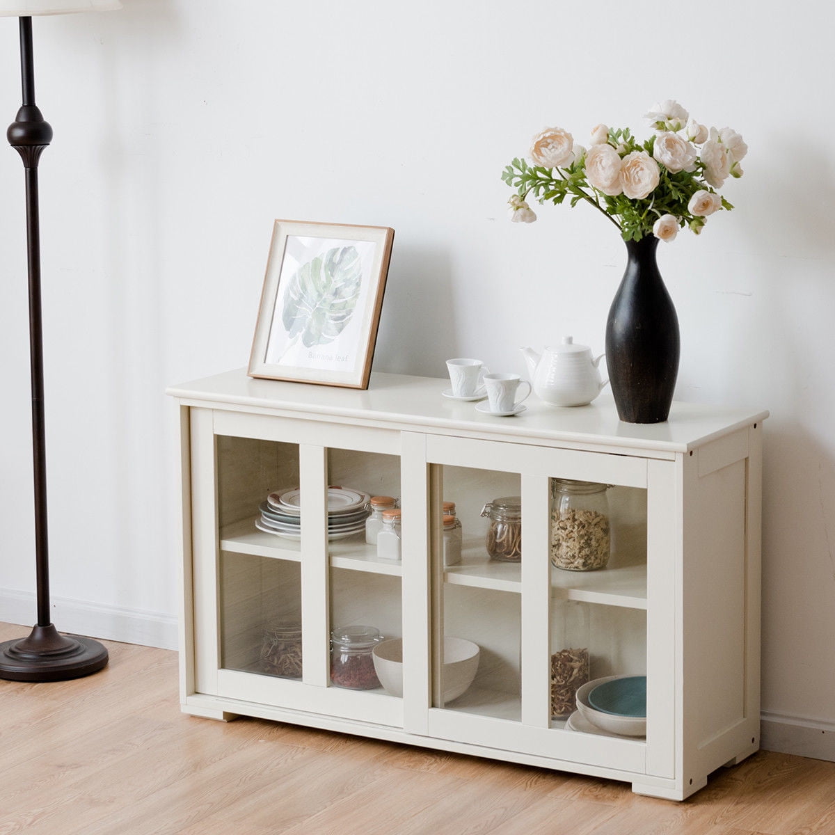 Costway Storage Cabinet Sideboard Buffet Cupboard Glass Sliding Door Pantry Kitchen Off-White