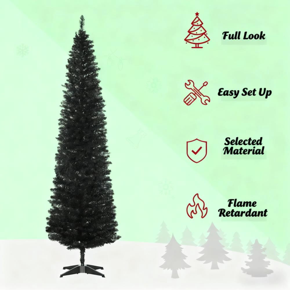 7ft Unlit Black Pencil Christmas Tree 499 Tips Easy Assembly Plastic Base Small Space Holiday Decor