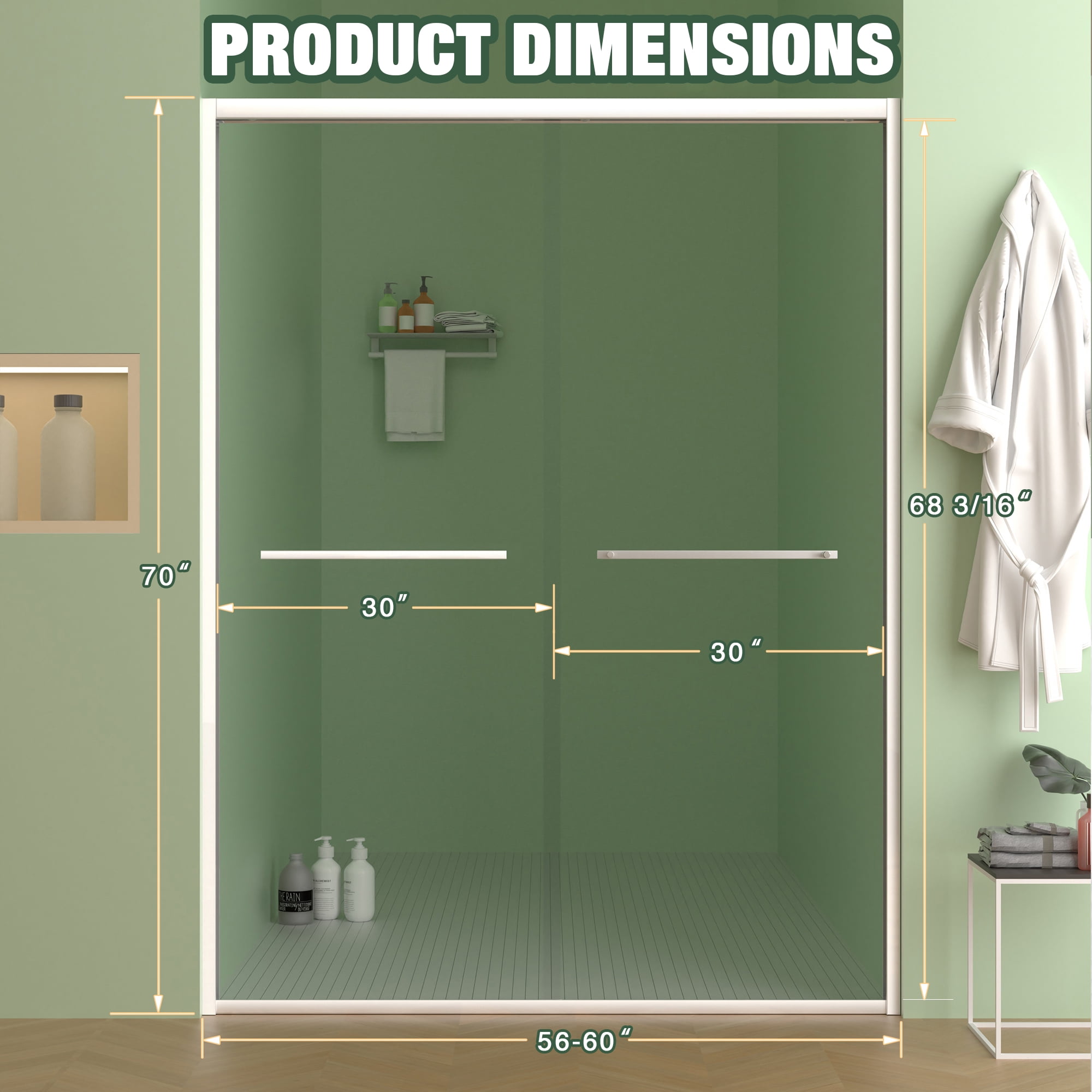 Aukfa 56-60"W x70" H Double Sliding Shower Door, Bypass Bathroom Sliding Door, 5/16" Tempered Glass, Chrome