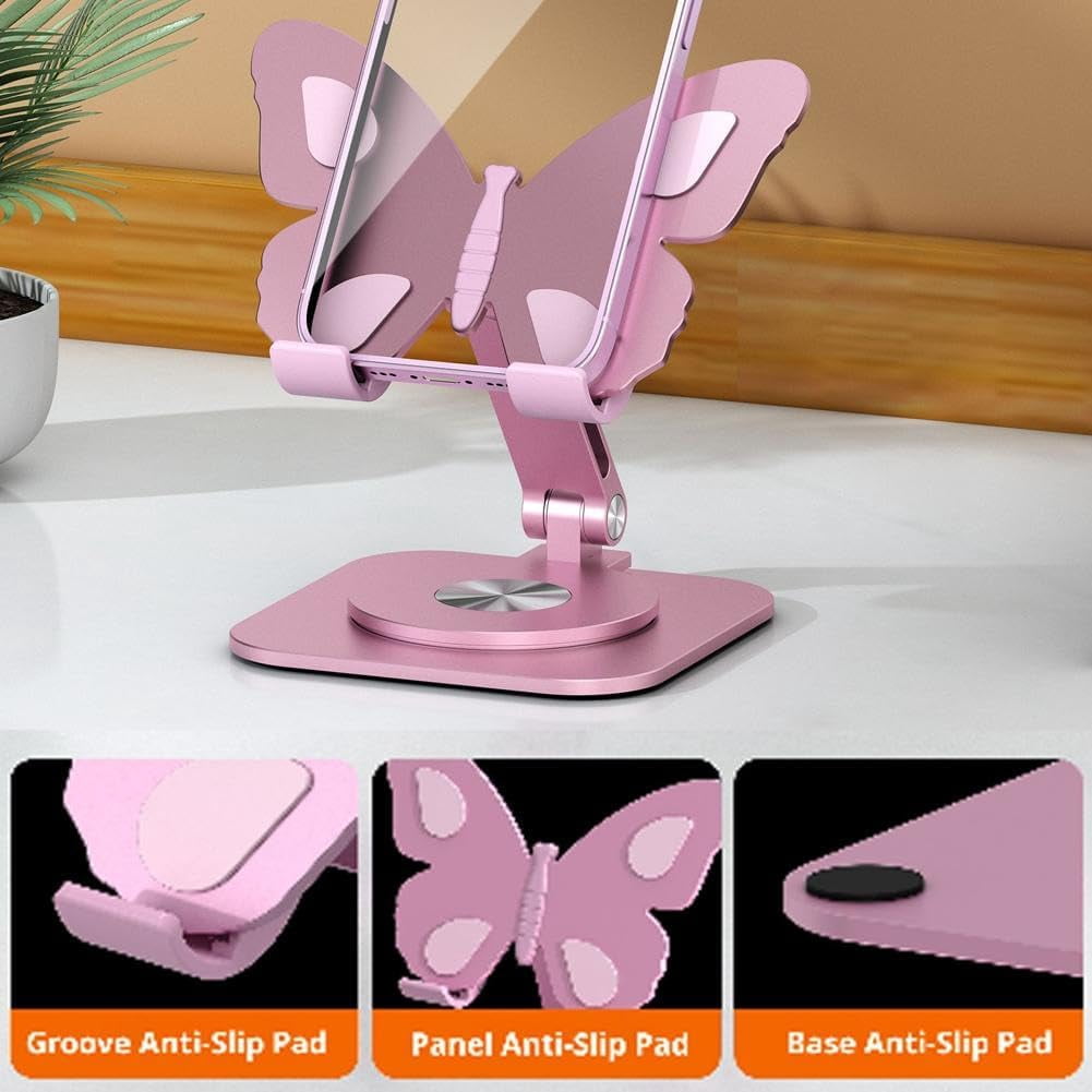 Butterfly Aluminum Alloy Cell Phone Stand, 360° Rotating Adjustable Desktop Cradle, Foldable Tablet Holder for Office Desk, Home and Travel (k)