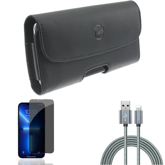 Case Belt Clip & Privacy Screen Protector & 10ft USB Cable for iPhone 13/Pro - Combo with Leather Holster Cover & Tempered Glass Curved Anti-Spy & Charger Cord Power Wire