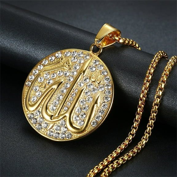 Hip Hop Iced Out Bling Allah Pendant Male 14K Yellow Gold Islam Muslim Round Necklace for Men Religious Jewelry Gift
