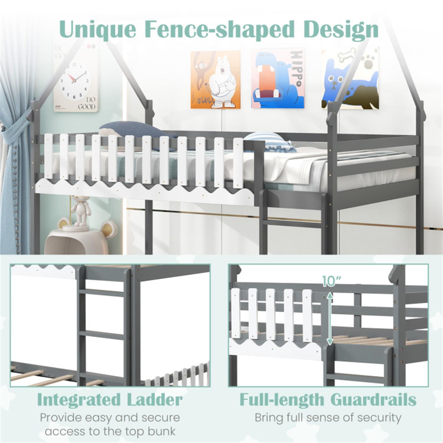Demi Bonn Twin Over Twin Bunk Bed with Fence and Ladder, Twin Bunk Solid Wood Low Beds, Bed Frame, Gray