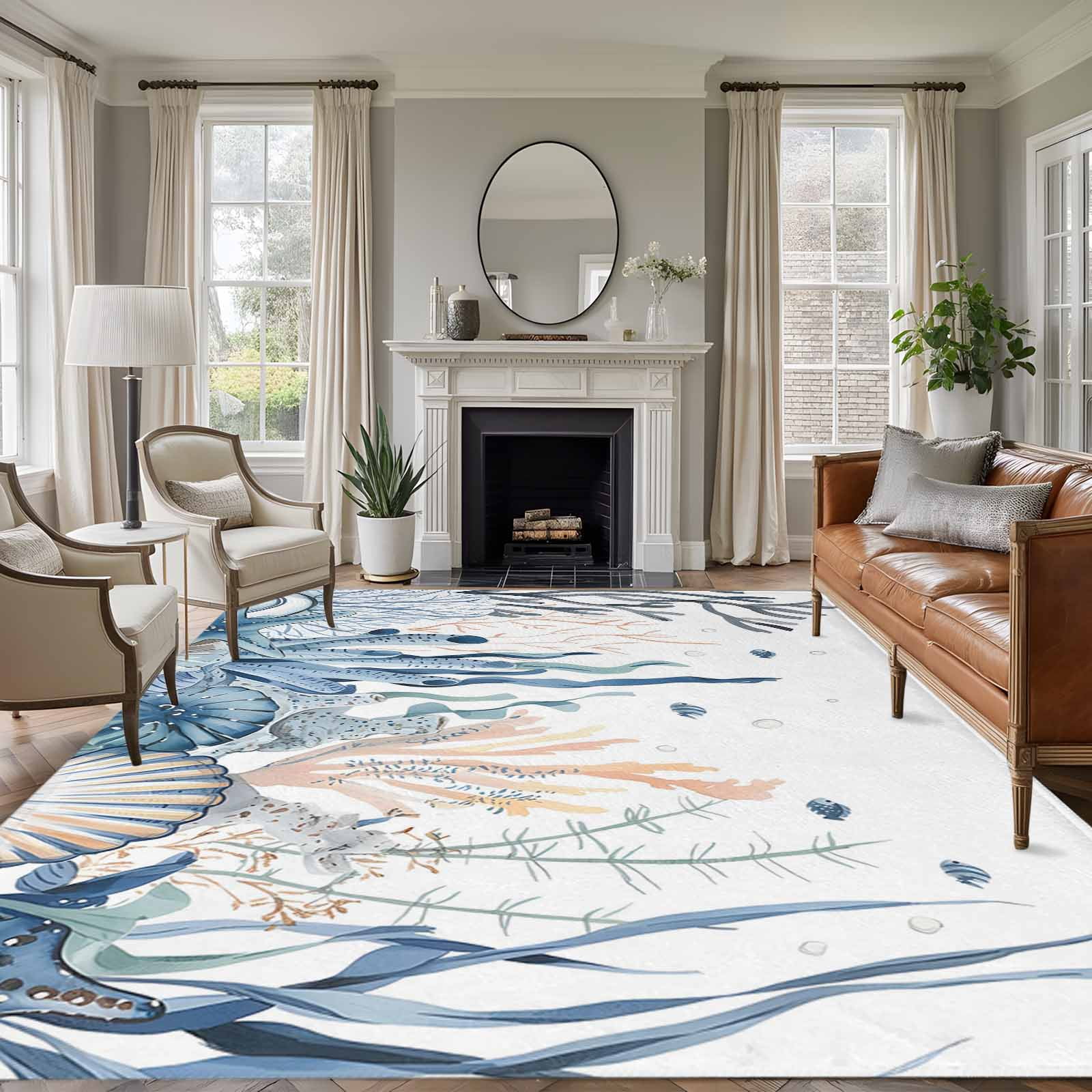 Blue Ocean Washable Living Room Rugs 5 x7 Coral Starfish Seagrass Fish Low Pile Throw Large Area Rugs Non-Slip Sturdy Edge Binding Carpet for Dining Room Bedside Kitchen