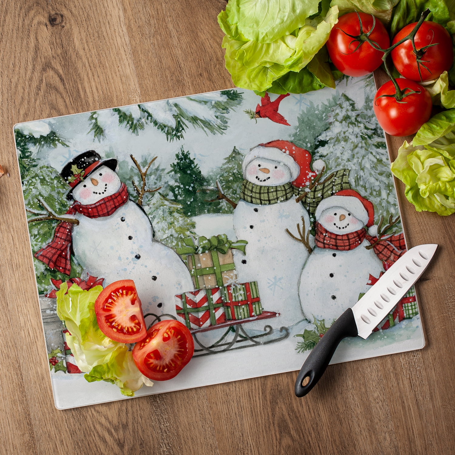 CounterArt Snowman's Farmhouse 3mm Tempered Glass Cutting Board 15" by 12"