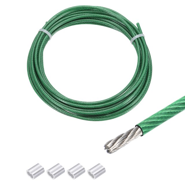 Uxcell 16Ft Wire Rope 304 Stainless Steel Cable 1/8" Vinyl Coated with 4Pcs Aluminum Sleeves for Hanging Green