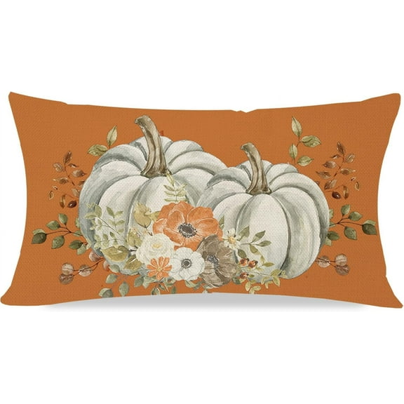 Fall White Pumpkin Orange Throw Pillow Cover 12x20 Inch Floral Autumn Outdoor Country Farmhouse Cottage Thanksgiving Decorations Lumbar Decorative Throw Pillows Cases for Living Room Decor