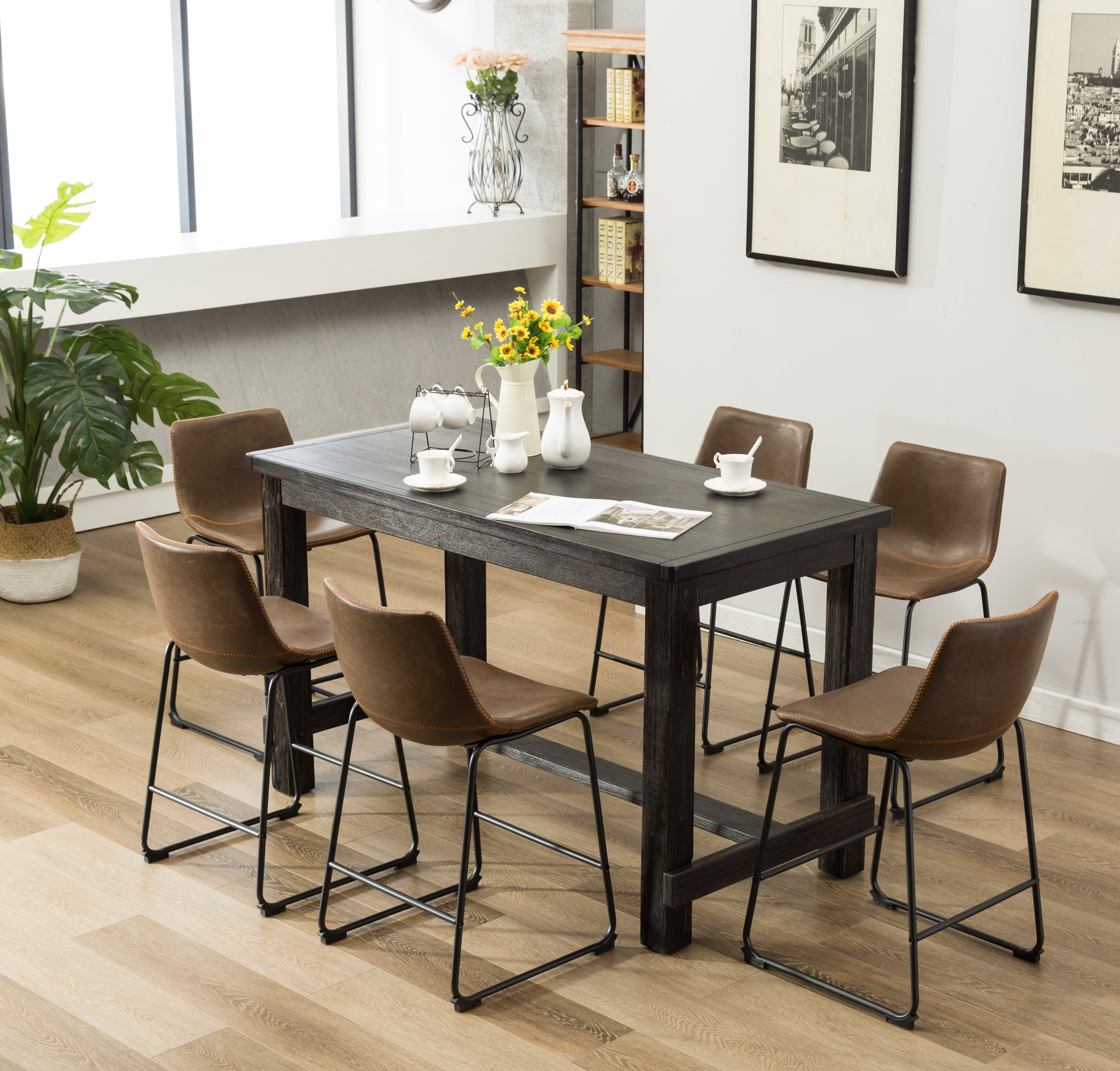 Roundhill Lotusville 7 Piece Counter, Dining Room Table With Brown Leather Chairs