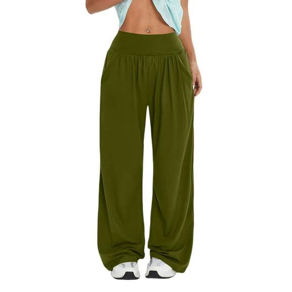 Stretch Wide Leg Pants for Women Seamless High Waisted Baggy Sweatpants Solid Color Elastic Waist Loose Casual Pants with Pockets