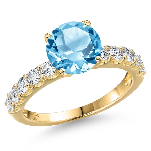 Gem Stone King 14K Yellow Gold Swiss Blue Topaz and Lab Grown Diamond Engagement Ring for Women | 2.90 Cttw | Round 8MM | Gemstone November Birthstone | Size 5