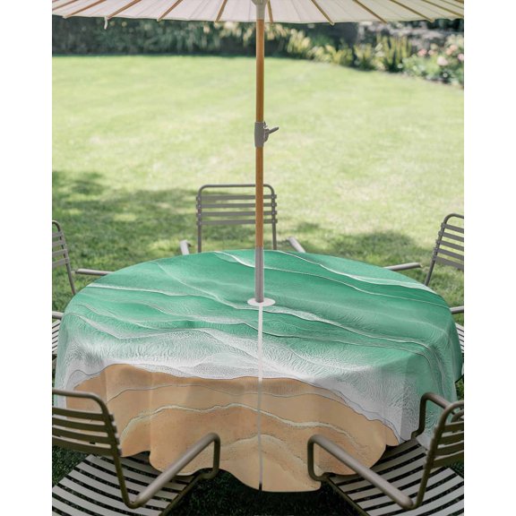 Outdoor Tablecloth with Umbrella Hole, Ocean Green Beige Sea Waves Zippered Table Cloth for Square Tables, Beach Theme Stripes Washable Waterproof Tablecloths for Picnic Patio Garden