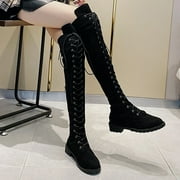 Honeeladyy Women's Over The Knee Thigh High Boots Lace up Flat Boot Long Riding Boots #R