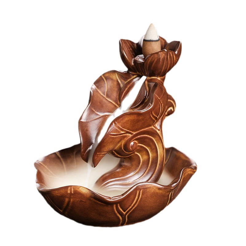 Ceramic Lotus Backflow Incense Burner Indoor Waterfall Smoke Incense Holder Creative Retro Lotus Leaf Incense Burner Aromatherapy Ornament