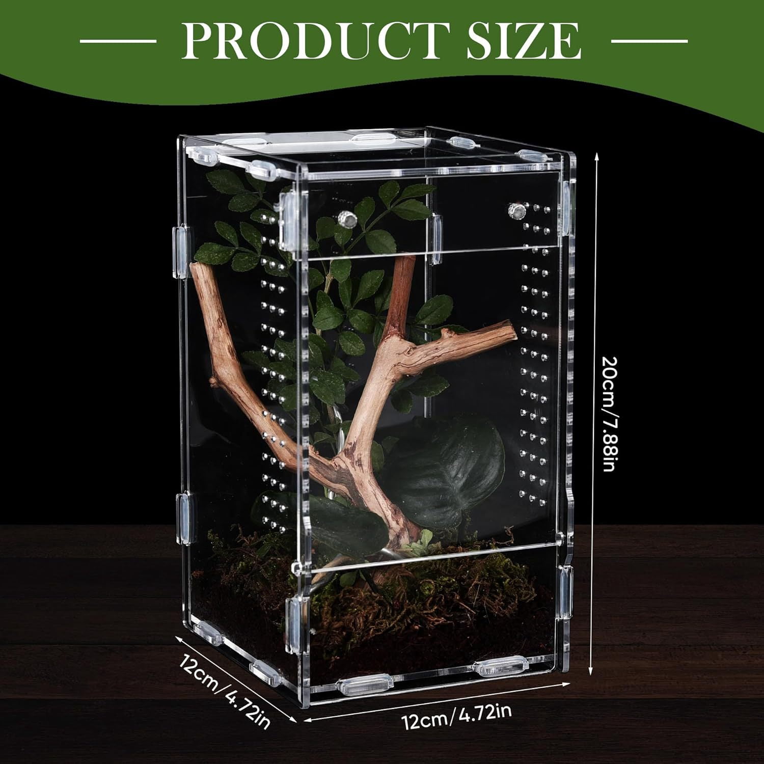 Clear Acrylic Reptile Terrarium, 12x12x20cm Full View Small Enclosure with Magnetic Lock, Multi-Side Ventilation Holes, Habitat for Jumping Spiders, Tree Frogs, Insects, Small Reptiles & Amphibians